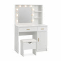 Tocador rectangular de MDF blanco con espejo LED cajones armario y taburete 110 x 45 x 140 cm