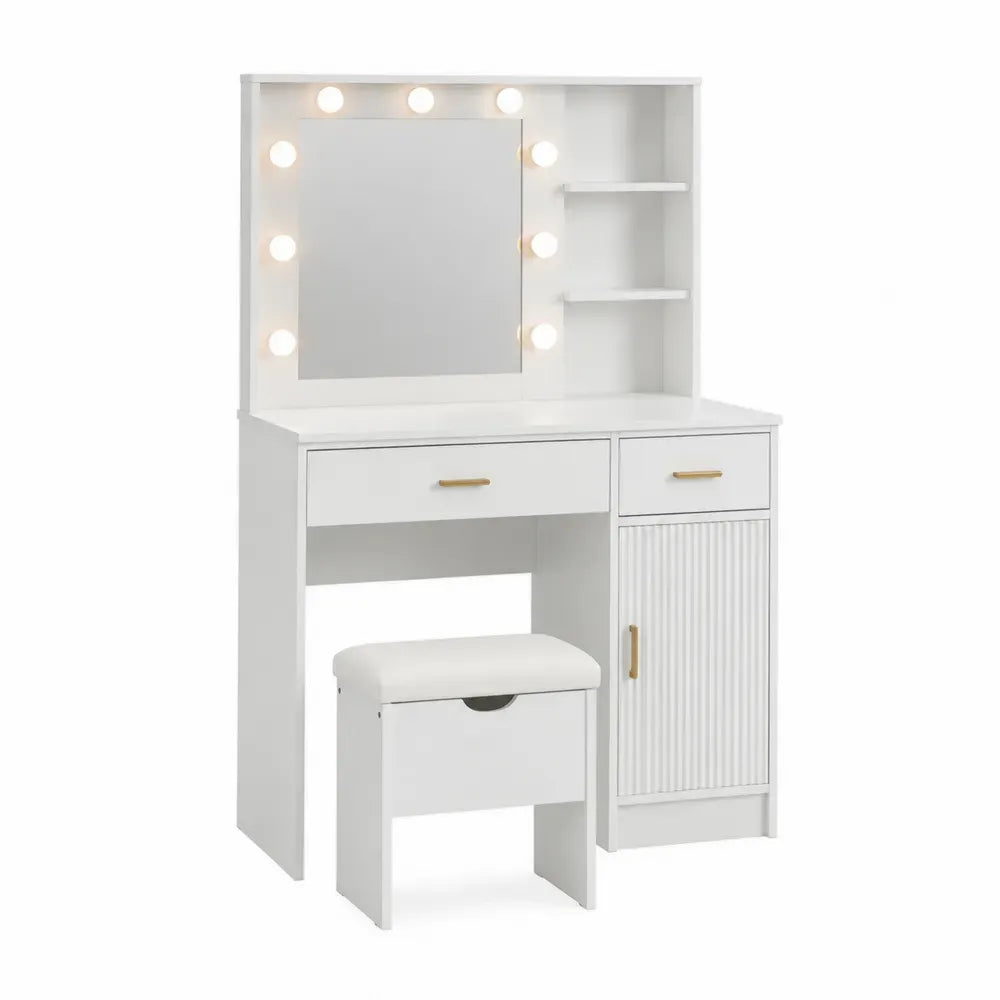 Tocador rectangular de MDF blanco con espejo LED cajones armario y taburete 110 x 45 x 140 cm