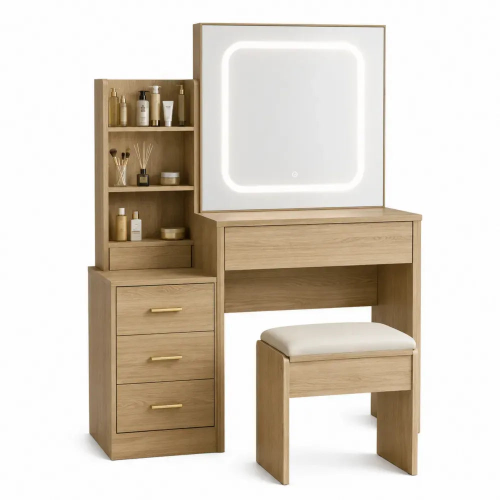 tocador 100 x 40 x 140 cm MDF efecto roble con espejo LED estantería lateral y taburete color madera natural blanco y dorado