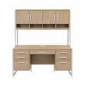 Escritorio de oficina con estantería superior armarios y cajones MDF roble claro estructura metálica blanca 120x60x180 cm