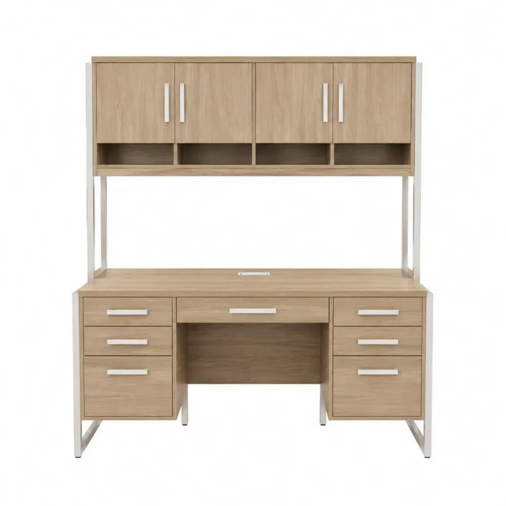 Escritorio de oficina con estantería superior armarios y cajones MDF roble claro estructura metálica blanca 120x60x180 cm