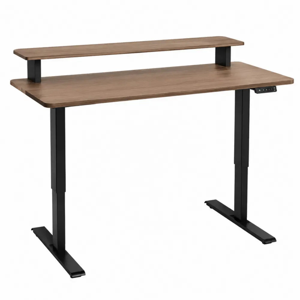 Escritorio elevable eléctrico con estante superior tablero MDF efecto madera y estructura de acero negro 120x60 cm