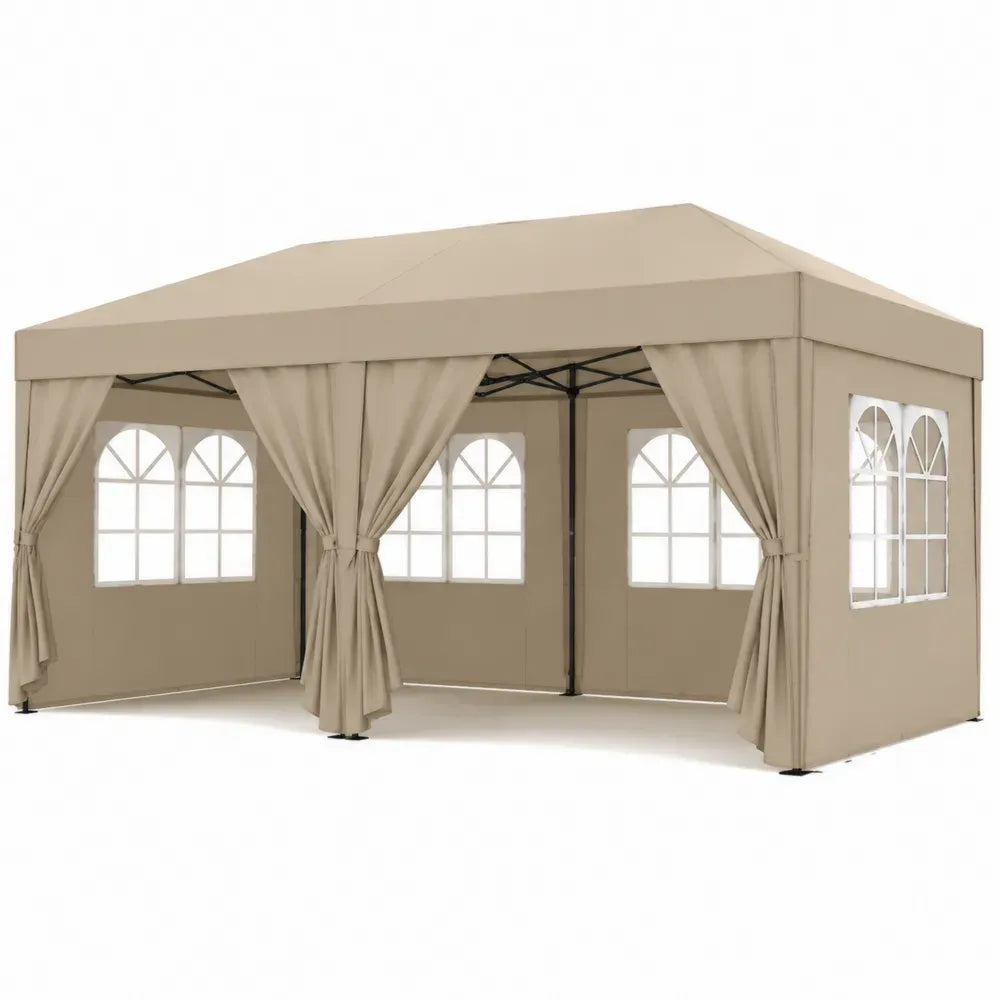 Carpa de jardín rectangular de acero con cubierta de poliéster beige paredes con ventanas y cortinas de 600 x 300 x 260 cm