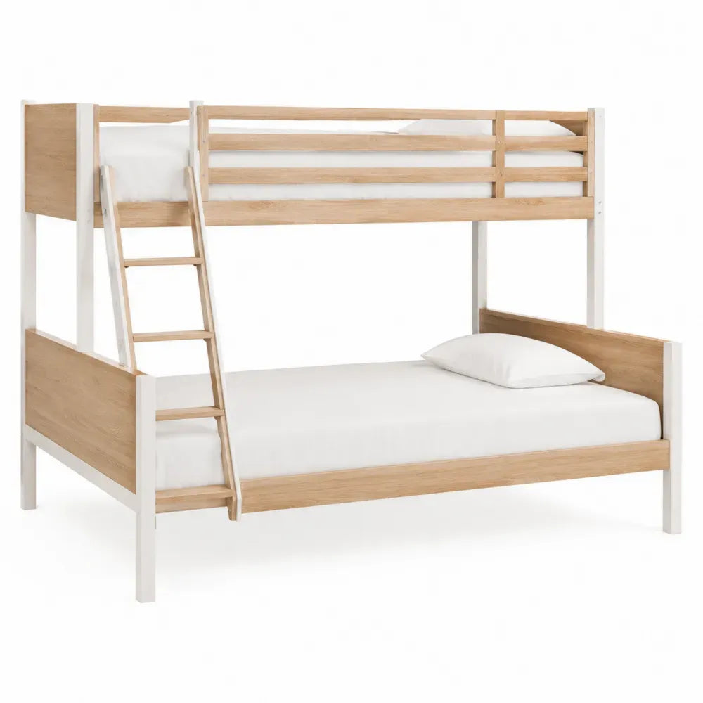 Cama litera de madera 90 x 200 cm estructura MDF color madera natural y blanco con escalera lateral y barandillas de seguridad