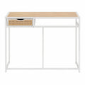 Escritorio rectangular con cajón de ratán PE tablero MDF efecto madera y estructura de acero blanco 100x45x75 cm