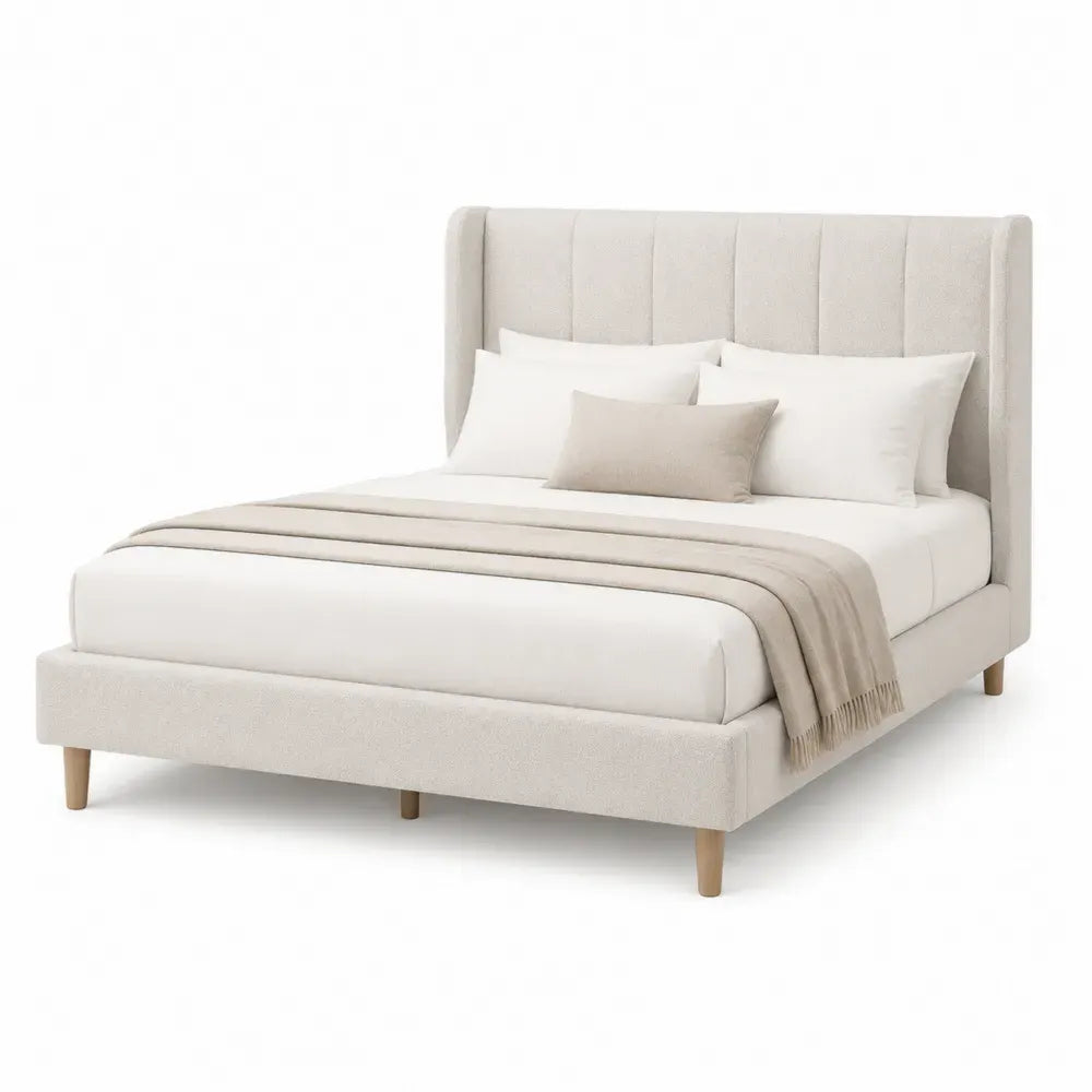 Cama de matrimonio tapizada rectangular con cabecero de poliéster bouclé beige 160 x 200 cm