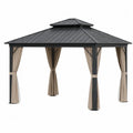 Pérgola de jardín de acero con techo metálico gris oscuro y cortinas beige 300 cm largo 300 cm ancho 280 cm alto