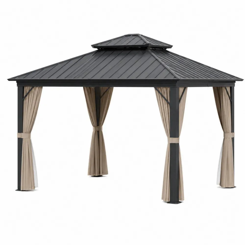 Pérgola de jardín de acero con techo metálico gris oscuro y cortinas beige 300 cm largo 300 cm ancho 280 cm alto