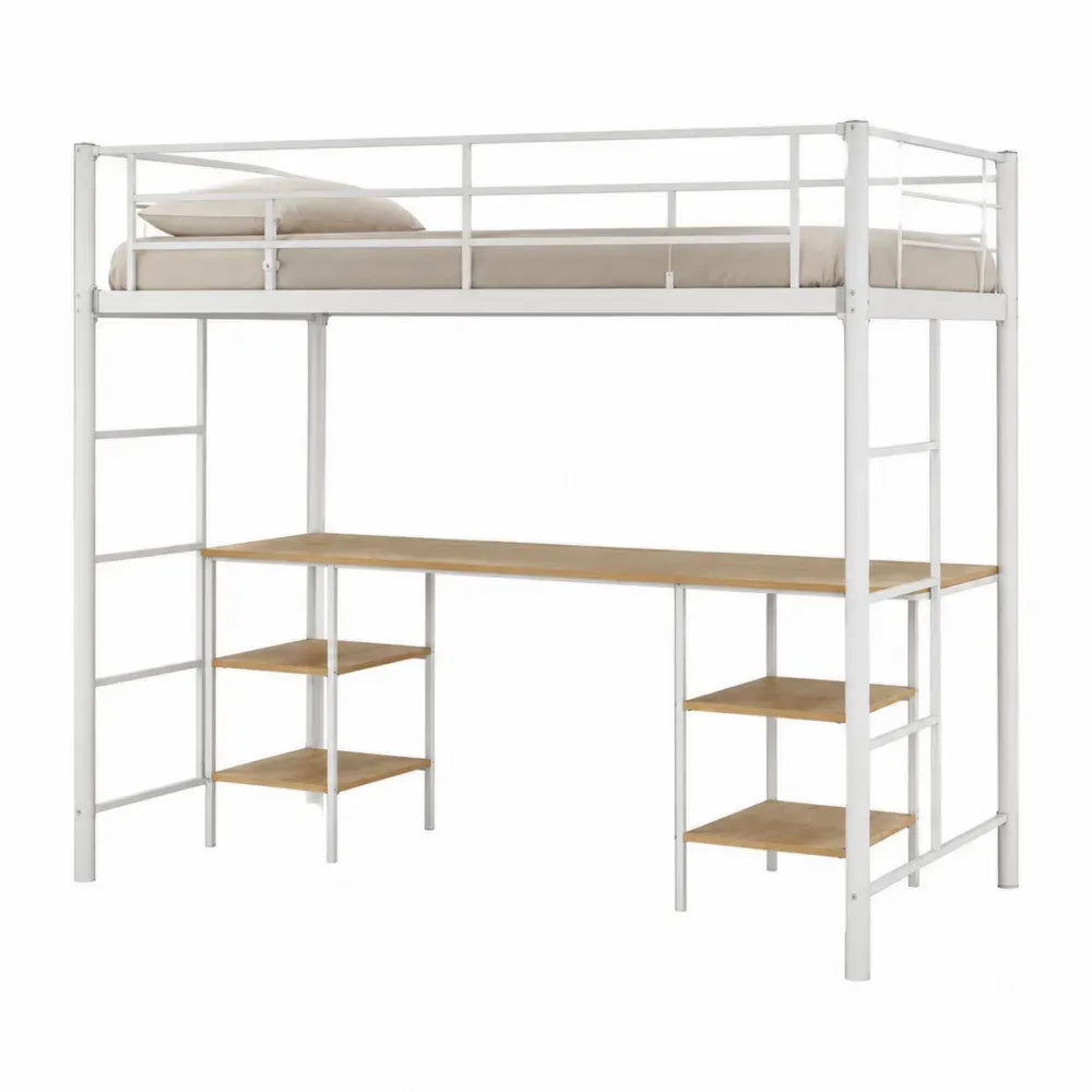 Cama alta con escritorio y estanterías estructura de acero blanco y madera 200 cm x 90 cm x 180 cm con escalera integrada