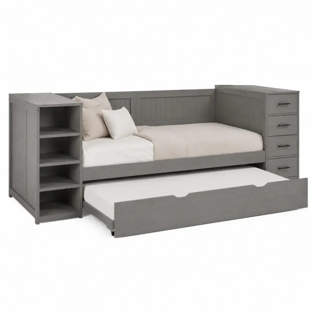 Cama nido con cama inferior extraíble de madera gris con estanterías laterales y cajones cabecero integrado