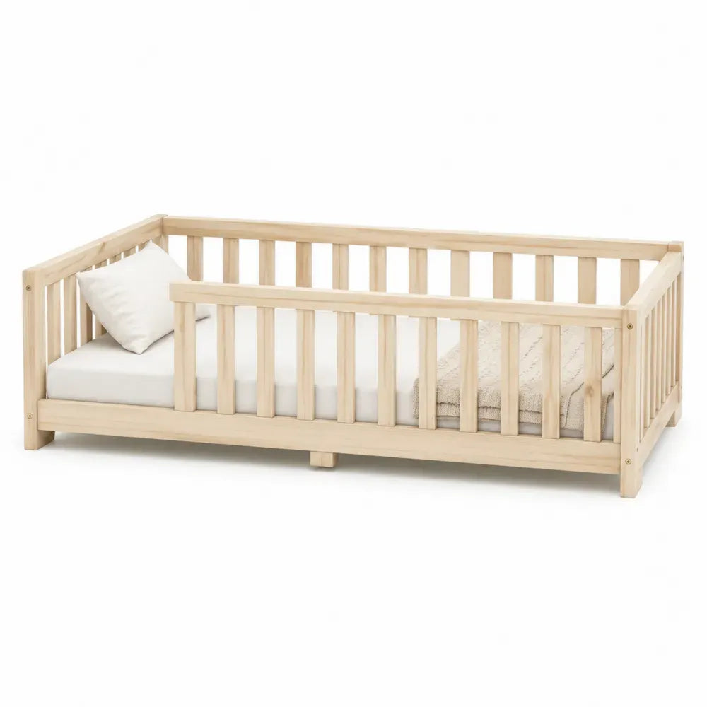cama infantil de madera maciza de pino 200 x 90 cm con barandillas de seguridad estructura tipo Montessori color madera natural clara
