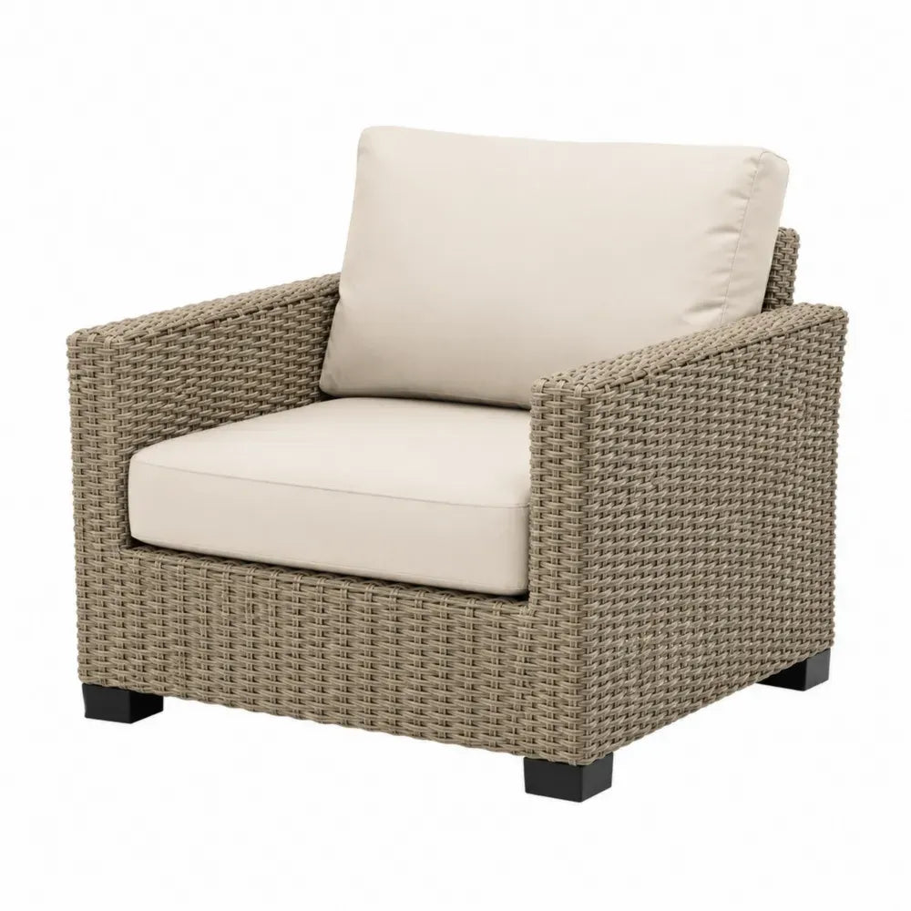 Sillón de exterior de ratán sintético beige con cojines de poliéster estructura de aluminio 80 cm alto 75 cm ancho 70 cm fondo