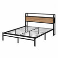 Cama plataforma rectangular de acero negro con cabecero MDF roble natural 160 x 200 cm