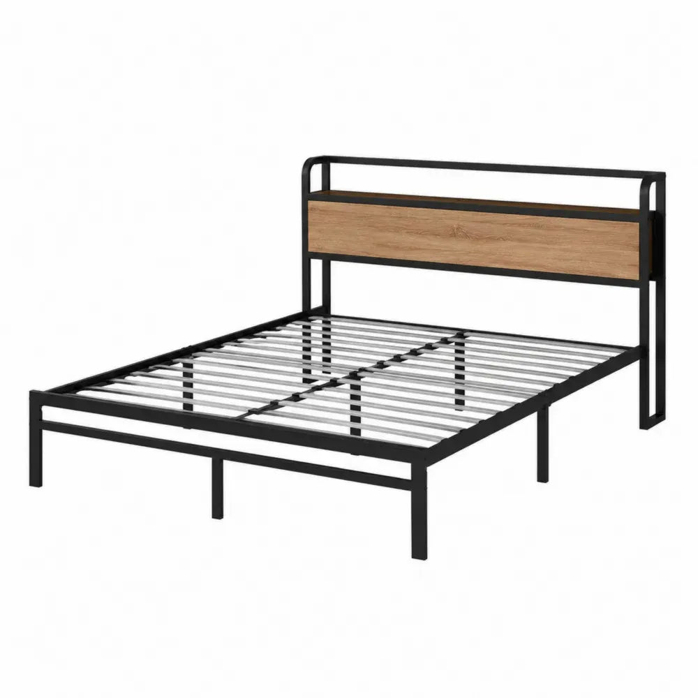 Cama plataforma rectangular de acero negro con cabecero MDF roble natural 160 x 200 cm