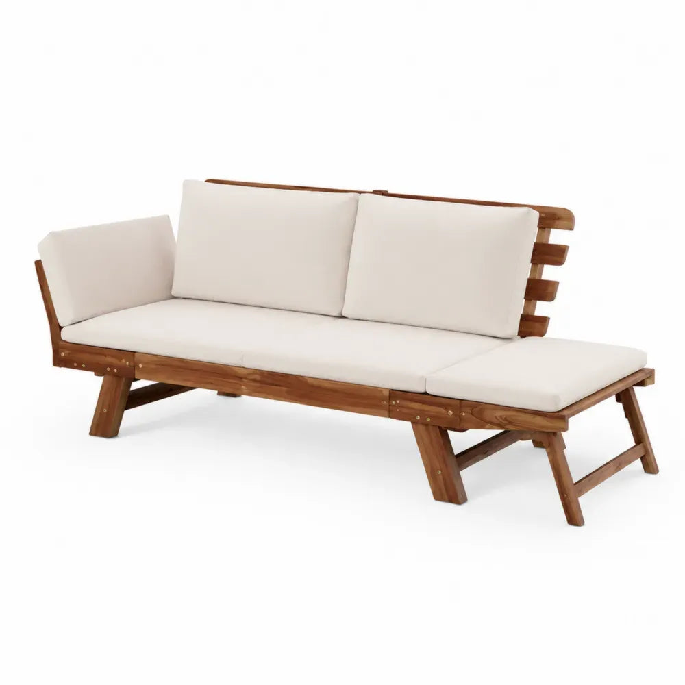 Sofá de exterior rectangular de madera maciza de acacia natural con cojines beige de poliéster de 200 x 80 x 75 cm