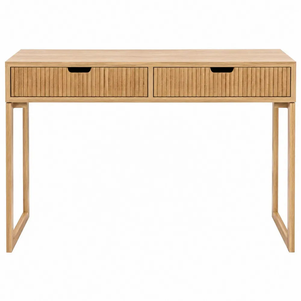 Escritorio rectangular con 2 cajones acanalados de MDF efecto madera natural tiradores negros 120x45x76 cm