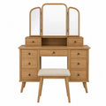 Tocador de dormitorio 120 cm MDF chapa de madera de roble espejo tríptico tres paneles 7 cajones con taburete madera roble natural