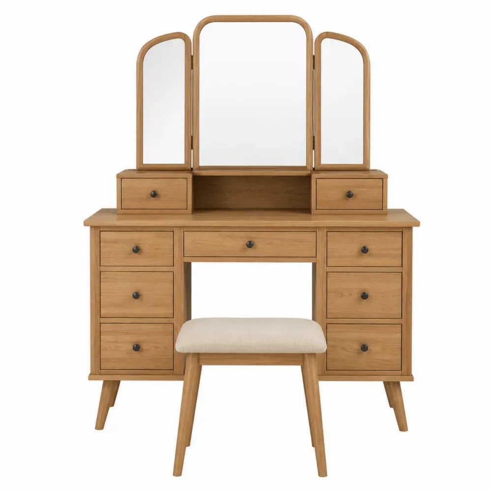 Tocador de dormitorio 120 cm MDF chapa de madera de roble espejo tríptico tres paneles 7 cajones con taburete madera roble natural