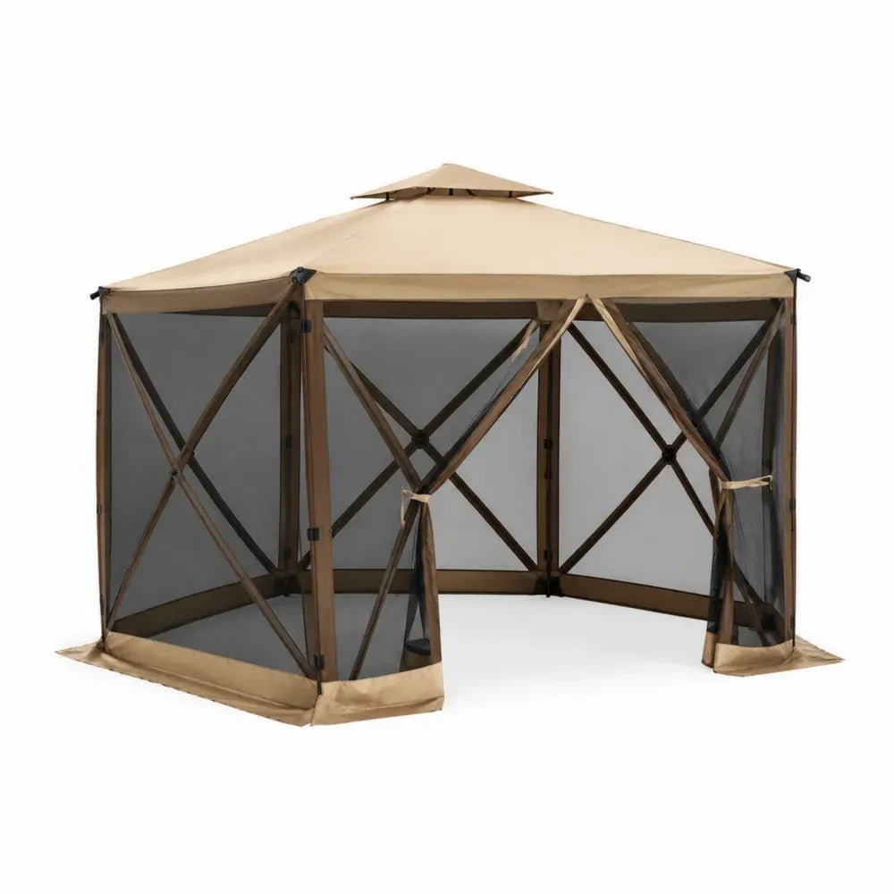 cenador de jardín con mosquitera y cortinas estructura de acero techo de poliéster color beige y negro 300 cm largo 300 cm ancho 260 cm alto