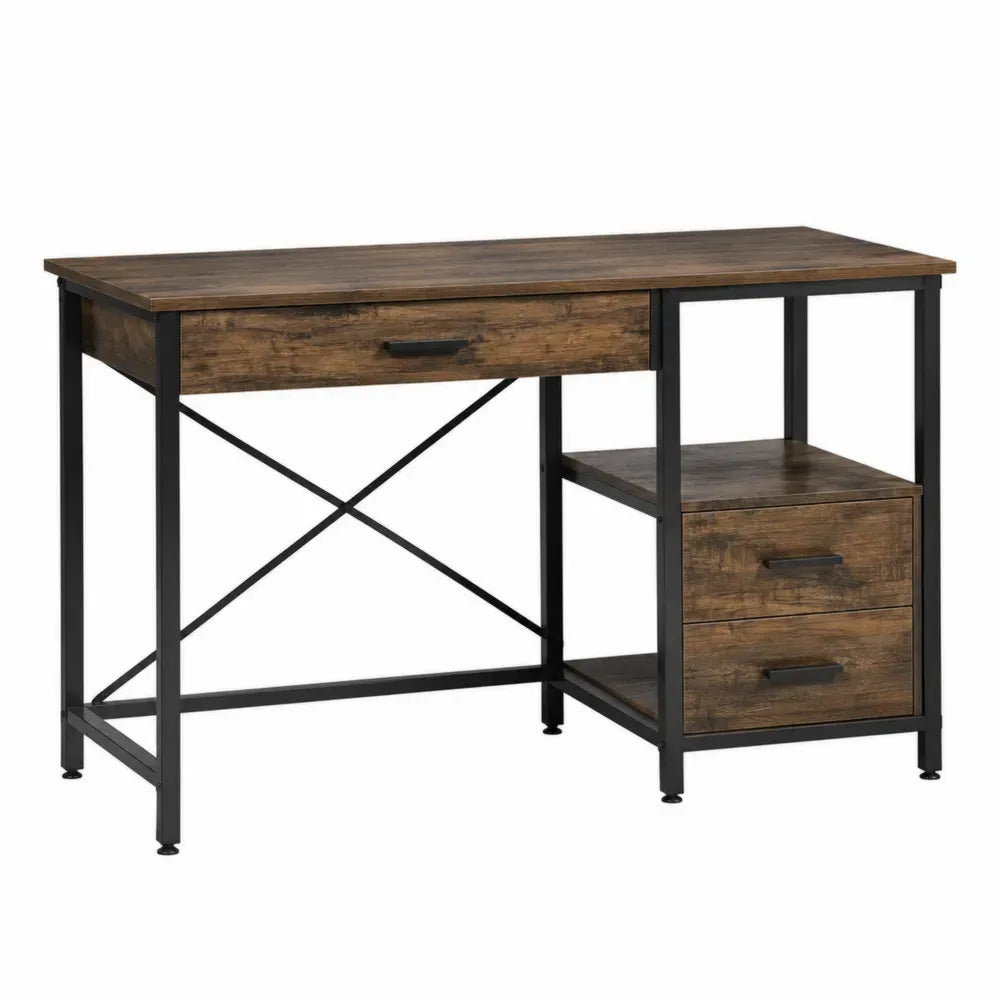Escritorio de oficina 120 x 60 x 75 cm madera MDF acabado nogal estructura metálica negra con cajonera lateral y estante abierto